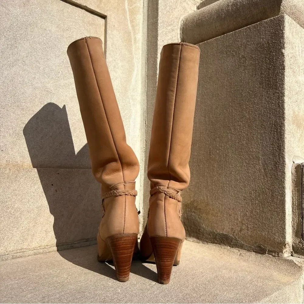 Vintage Dingo 80s high heeled suede yellow tan leather braid detail boots - Picture 7 of 9